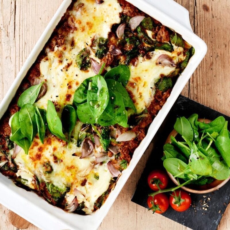 Lasagne med oksekoed, spinat og ost